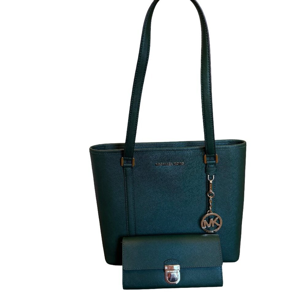 Michael Kors Sady Shoulder Bag Tote Purse Moss Green Gold+ Matching Wallet - Picture 2 of 11
